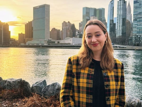 Margaret Engel in front of the United Nations Headquarters in New York.