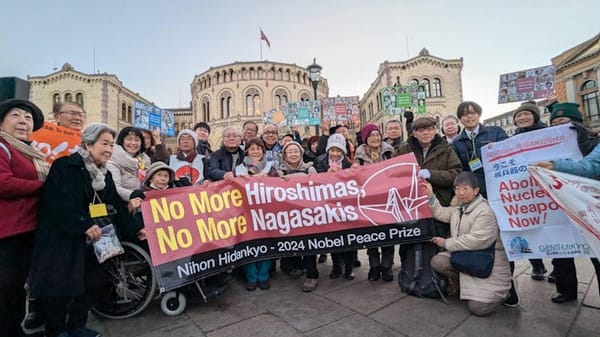 Supporters of nuclear disarmament, including Hibakusha, demonstrate in Oslo, Norway, in 2024. Hideo Asano, CC BY-ND